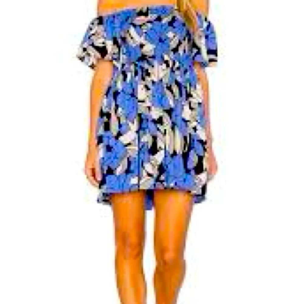 Free People Women’s Blue & Black Smocked Bodice Ruffled Sleeve Mini Dress SZ S